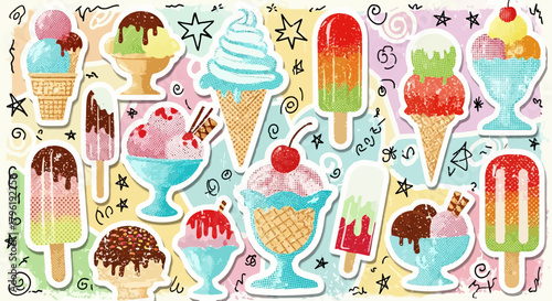 Colorful Summer Ice Cream and Popsicle Sticker Pattern on Abstract Background