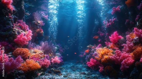 Fototapeta Naklejka Na Ścianę i Meble -  Vibrant coral reef scene with sunbeams.
