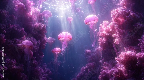 Fototapeta Naklejka Na Ścianę i Meble -  Pink jellyfish swim in sunlit coral reef.