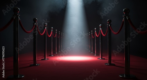 A red carpet event is presented with a spotlight and velvet rope on stanchions.
