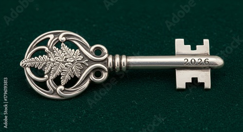 Ornate silver key with delicate leaf design lies on a lush green velvet surface.