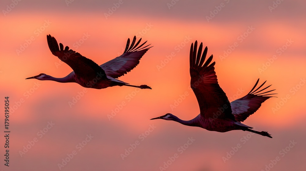 Obraz premium Two large wading birds fly across a vibrant sunset sky