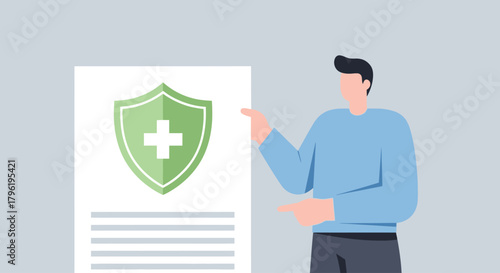 Illustration of a person pointing at a health insurance policy document with a shield icon