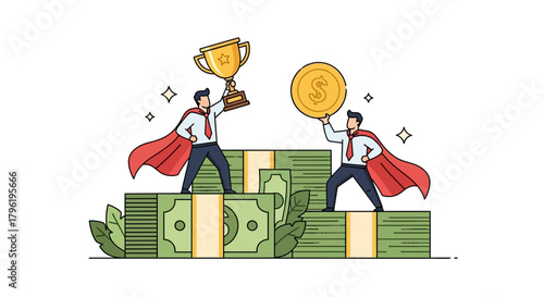 Successful entrepreneurs achieving financial goals and celebrating victory with trophy and coins on stacks of money