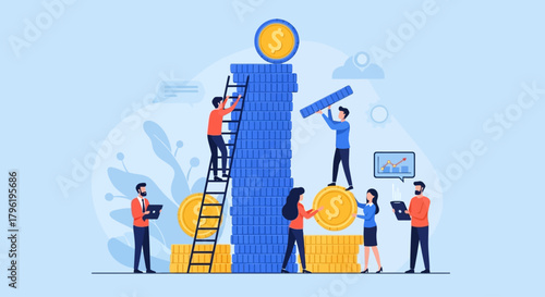 Teamwork and strategy building a financial tower of success with coins and growth charts