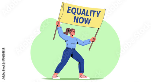 A woman holds a banner that says 'Equality Now', advocating for fairness and equal rights for all individuals