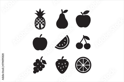 A collection of fruit silhouettes including pineapple apple pear and watermelon