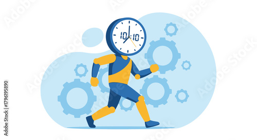 Robotic character with a clock for a head running with gears in the background representing time management and efficiency
