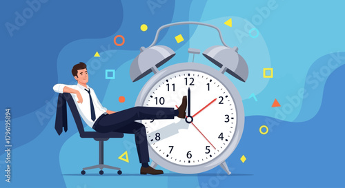 Relaxed businessman taking a break in office chair next to a large alarm clock, symbolizing time management and rest