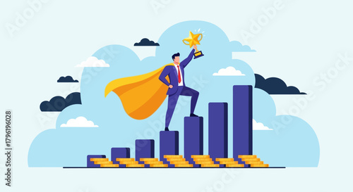 Successful businessman in a superhero cape celebrating victory on a rising graph with a trophy in hand, symbolizing achievement and growth