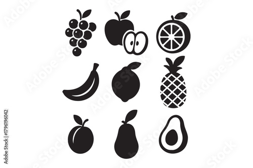 A collection of stylized fruit icons including apples bananas and pineapple