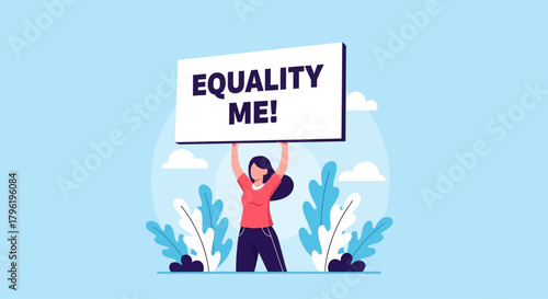 Illustration of a woman holding up a sign that says EQUALITY ME, emphasizing the concept of equality and fairness in society and human rights