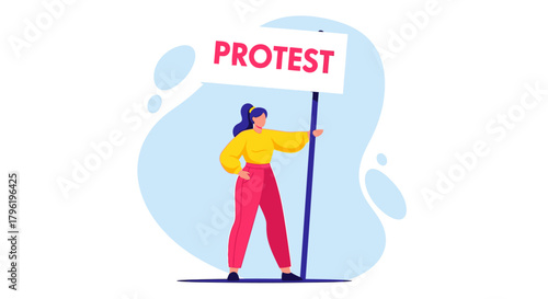 Illustration of a woman holding a protest sign to express her opinion and demonstrate her rights