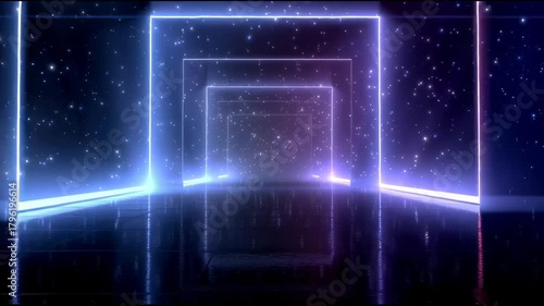 Mesmerizing futuristic neon light tunnel with endless glowing squares. Dynamic abstract background featuring vibrant path for animation or design