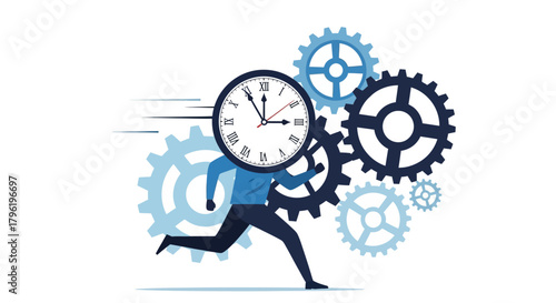 Running clock person with gears, representing time management and efficiency in business or personal life