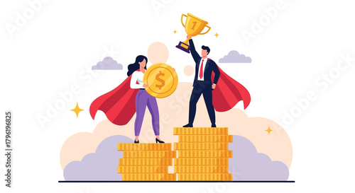 Successful business people celebrating victory and achieving financial goals on podiums made of coins