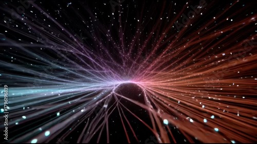 Futuristic abstract background with mesmerizing stream of colorful light particle effects moving at high speed through digital technology tunnel