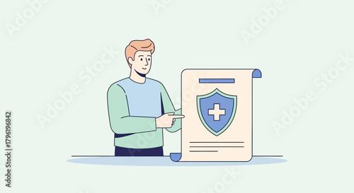 Man holding insurance policy document with cross shield symbol representing health and life protection