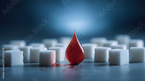 Single drop of crimson fluid rests among numerous white granulated sweetener cubes under dramatic lighting