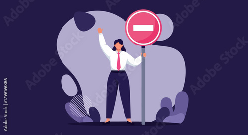 Businesswoman holding a stop sign, symbolizing prohibition, restriction, and decision-making in a professional context