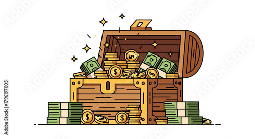 Illustration of a treasure chest overflowing with gold coins and US dollar banknotes, symbolizing wealth and financial success