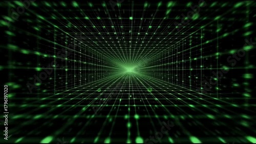 Mysterious futuristic retro grid of flowing neon green lines creating an abstract cyberspace background tunnel with sense of infinite glowing depth