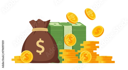 A money bag overflowing with coins and stacks of cash, symbolizing financial wealth and prosperity