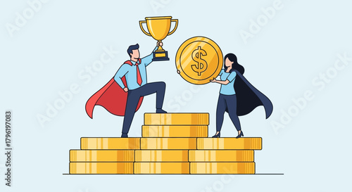 Successful business people celebrating victory with gold coins and trophies symbolizing wealth and achievement