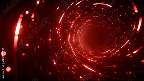Intense abstract red space tunnel creating futuristic light vortex. Dynamic background motion featuring high speed travel through mysterious galaxy