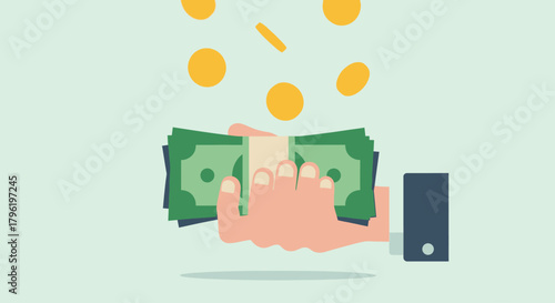 Hand holding cash with coins falling down symbolizing financial success and wealth accumulation