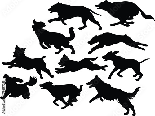 Black silhouette collection of running dogs in dynamic motion poses, energetic canine movement vector illustration for pet design and creative artwork