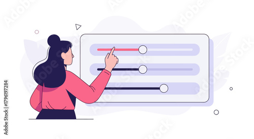 Illustration of a woman adjusting sliders on a settings panel, representing customization and control