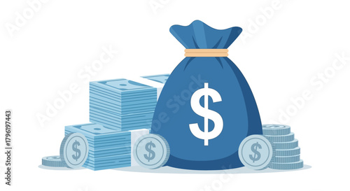 Money bag with stacked coins and banknotes, representing wealth, savings, and financial growth