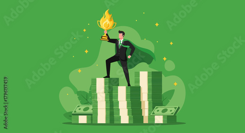 Success and Achievement Businessman holding a trophy on a pile of money, symbolizing wealth and victory
