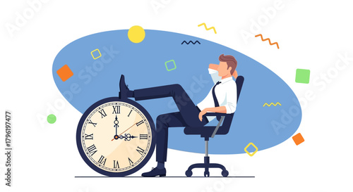 Businessman relaxing with feet up on a clock, symbolizing time management, relaxation, and work-life balance