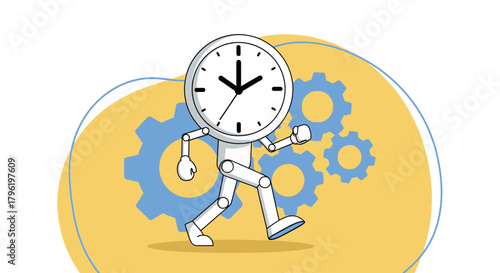 Clock Character Running with Gears Behind It, Representing Time Management and Productivity Concept