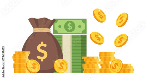 Wealth accumulation concept with overflowing bag of money, stacks of coins, and flying currency on a white background