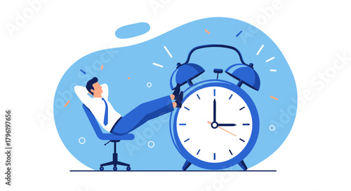 Illustration of a man relaxing in a chair next to a large alarm clock, symbolizing rest and break