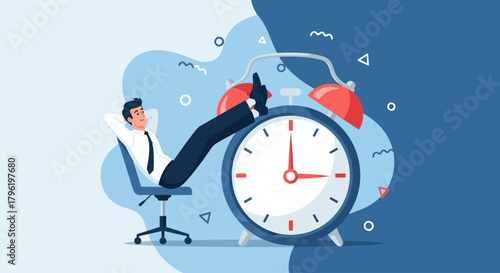 Businessman relaxing with feet up on a chair next to a large alarm clock symbolizing achieved goals or successful time management