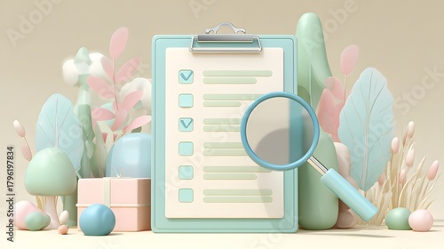 Clipboard checklist item verification process utilizing a magnifying glass surrounded by pastel foliage elements