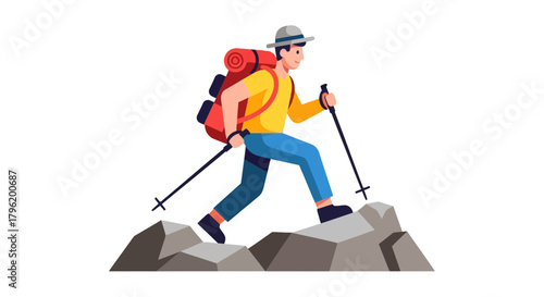 Adventurer Ascending Rocky Terrain Depicted In Vibrant And Modern Flat Illustration