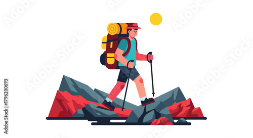 Adventurer Ascending Rocky Terrain Under Moonlit Sky, Vector Illustration, Nature