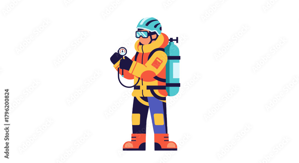 Fototapeta premium Adventurer Checking Equipment Before Expedition In Isolated Environment Illustrated Design