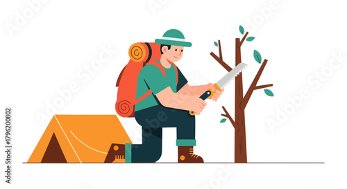 Adventurer Prepares To Saw Wood For A Campfire In The Wilderness At Night