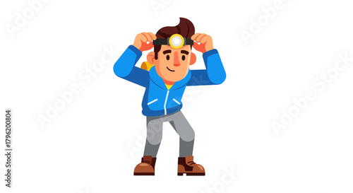 Adventurer Prepares With Headlamp Illumination On A Dark Background For His Expedition