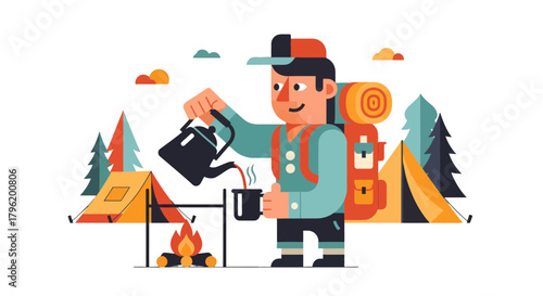 Adventurer Prepares Warm Drink At Campsite With Tent Fire And Sunset Scenery