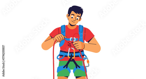 Adventurer Preparing Rope And Harnessing Gear In Preparation For Rock Climbing