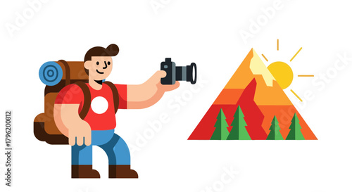 Adventurer Capturing Mountain's Beauty, Utilizing Camera, Enjoying The Hiking Trip