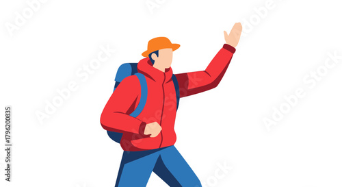 Adventurer Raising Hand In A Dramatic Landscape, Hiking Towards The Horizon