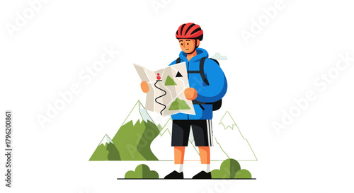 Adventurer Reads A Map In Front Of Mountains, Exploring Nature And Discovering New Places